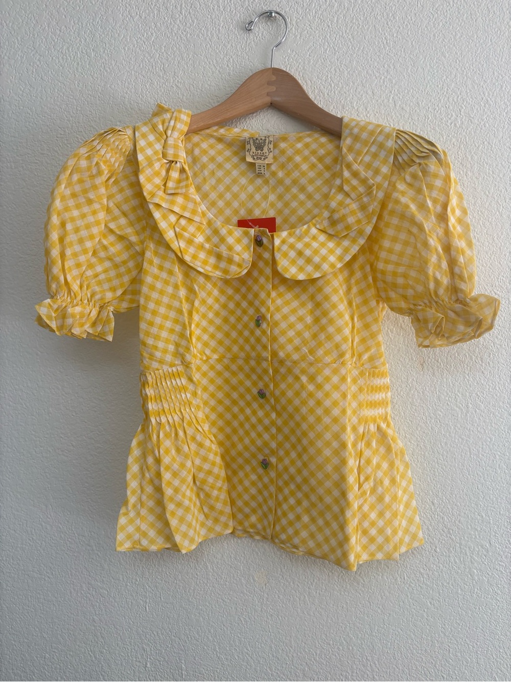 Yellow Gingham Puff Sleeve Blouse with Peter Pan Collar